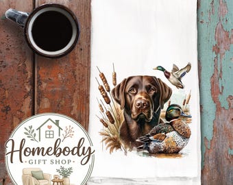 Chocolate Labrador Retriever Kitchen Towel, Dog Tea Towel, Hunting Dog, Duck Hunting, Mallard Duck, Dog Breed Towel, Kitchen Decor