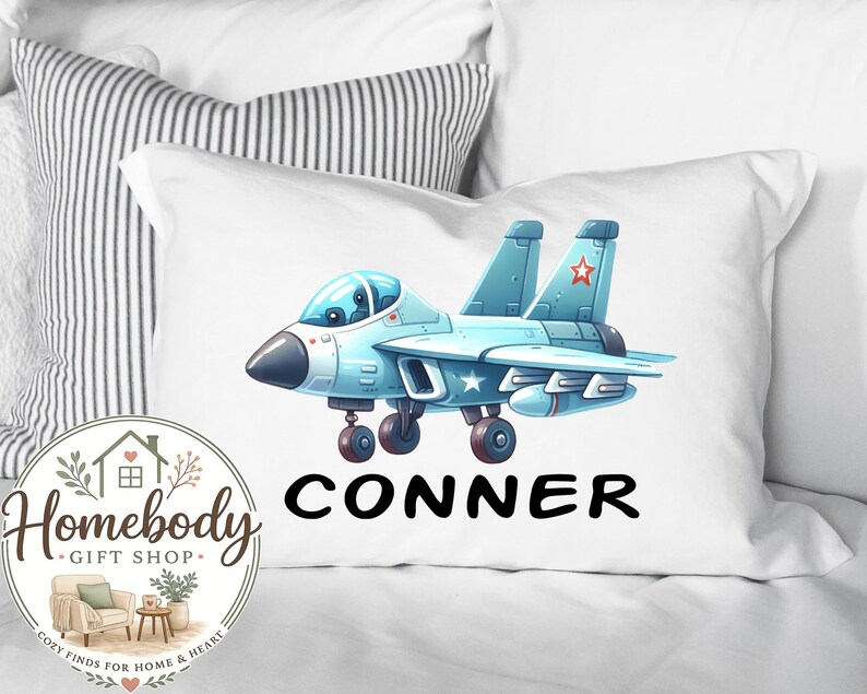 Fighter Jet Cartoon Pillowcase Cover, Personalized, Military Airplane Bedding Decor, Military Aircraft, Military Plane Themed Bedroom Bild 1