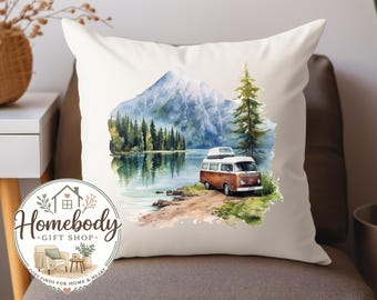 Camping Mountain Scene Throw Pillow, Camper Van Decor, Lake Life, Camper Campfire Decor, Nature