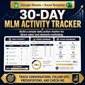 May include: A dark blue MLM activity tracker template for Google Sheets and Excel. The graphic displays daily and weekly progress, including conversations, follow-ups, presentations, and check-ins. The overall 30-day progress is 74%.