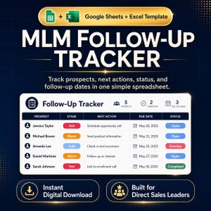 Może przedstawiać: Cyfrowy szablon śledzenia MLM Follow-Up dla Arkuszy Google i Excela. Arkusz śledzi potencjalnych klientów, kolejne działania, status i daty follow-up. Zawiera tabelę z nazwami, etapami, działaniami, terminami i statusami.