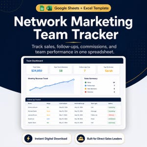 May include: A digital spreadsheet template for network marketing team tracking. The design features a white interface with data visualizations, including sales summaries and follow-up trackers. Text includes "Network Marketing Team Tracker" and "Instant Digital Download."