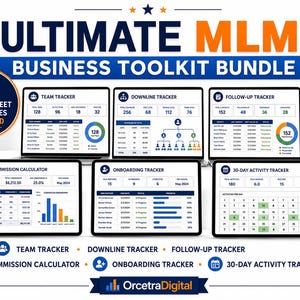 Pode incluir: Gráfico do Ultimate MLM Business Toolkit Bundle com o texto "ULTIMATE MLM BUSINESS TOOLKIT BUNDLE". A imagem mostra seis modelos de planilha, incluindo um rastreador de equipe, uma calculadora de comissão e um rastreador de atividades de 30 dias. Inclui "Download digital instantâneo".