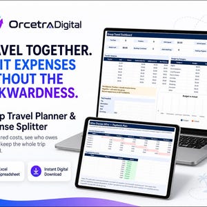 Pode incluir: Uma planilha digital de planejamento de viagens em grupo e divisão de despesas exibida em um laptop e tablet. O texto diz: OrcetraDigital, TRAVEL TOGETHER. SPLIT EXPENSES WITHOUT THE AWKWARDNESS. Group Travel Planner & Expense Splitter.