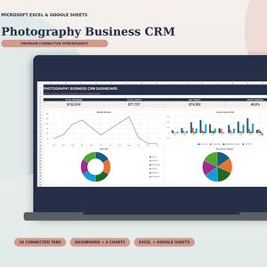 Hoja de cálculo de seguimiento de clientes para fotógrafos, plantilla CRM para fotografía, seguimiento de reservas, sesiones, gastos y ganancias.