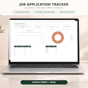 Puede incluir: Una pantalla de portátil que muestra un panel de seguimiento de solicitudes de empleo con gráficos, tablas y métricas. La interfaz incluye etiquetas de texto como 10 CONNECTED TABS, 120 SAMPLE APPLICATIONS, ZERO-ERROR AUDIT y GOOGLE SHEETS + EXCEL.