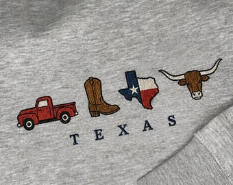 Embroidered Texas T-Shirt, Sweatshirt, Hoodie, Pickup Truck, Cowboy Boot, Longhorn (Unisex)