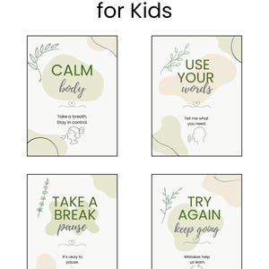Könnte beinhalten: Ein ABA-Poster-Paket für Kinder mit vier Postern. Jedes Poster hat ein hellgrünes und beiges Design mit Sätzen wie "Calm Body" und "Use Your Words". Die Poster sollen Kindern helfen, ihre Emotionen zu regulieren.