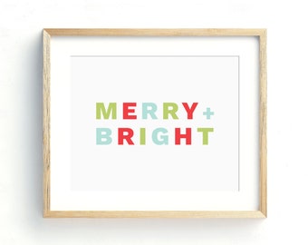 INSTANT DOWNLOAD Christmas Printable Art, Holiday Decor, Christmas Decor, Merry and Bright, Colorful Christmas Art, Minimal, Modern