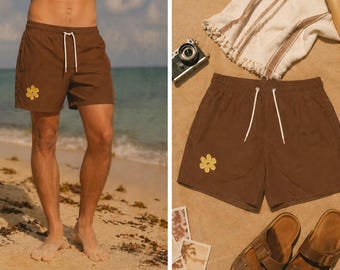 Yellow Daisy Swim Trunks | Brown Floral Beach Shorts