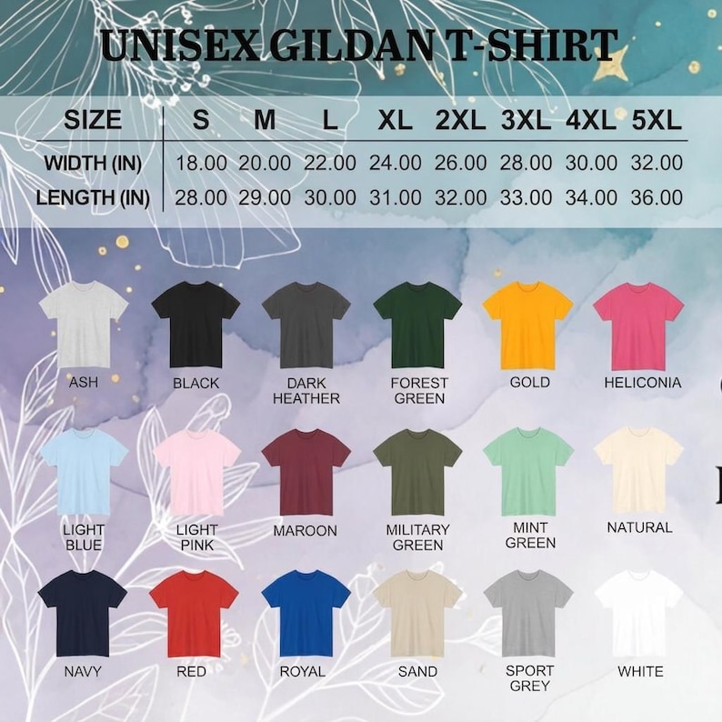 May include: A product image showcasing a variety of Gildan unisex t-shirts in various colors, including ash, black, dark heather, forest green, gold, and heliconia. The image also displays size and measurement information in inches.