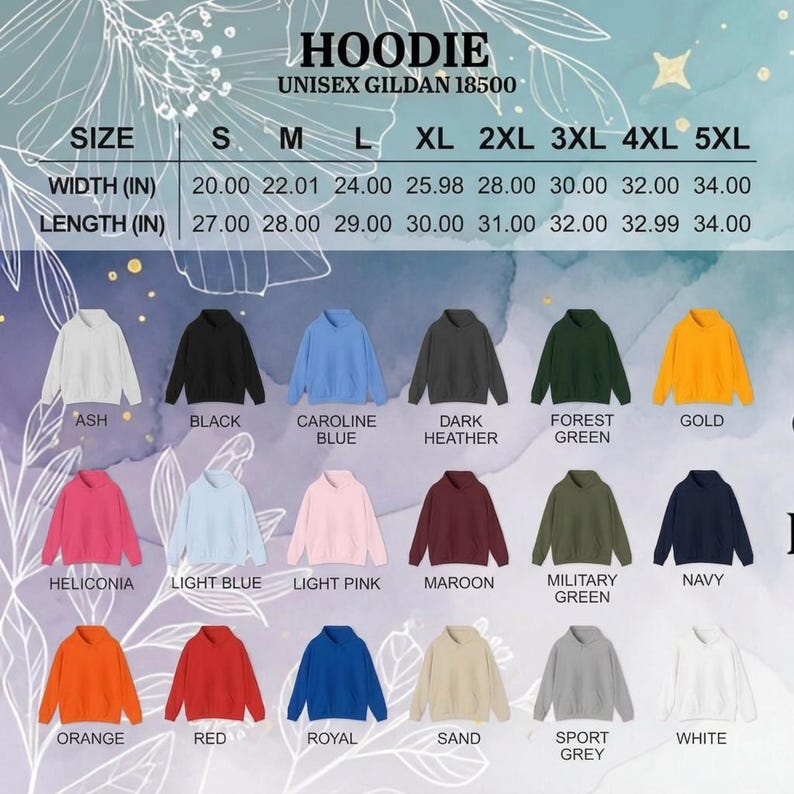 May include: A product image showcasing a variety of unisex hoodies in various colors, including ash, black, and navy. The image includes a size chart with measurements in inches for width and length, ranging from S to 5XL.