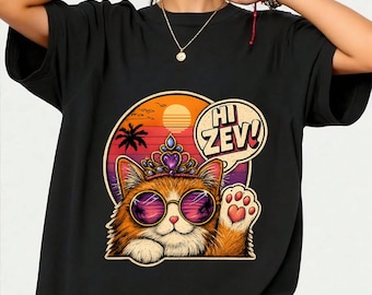 Camiseta divertida para amantes de los gatos Hi Zev Funny Cat Princess Retro Sunset Sunglasses Crown T-Shirt, Camiseta de regalo para dueños de mascotas