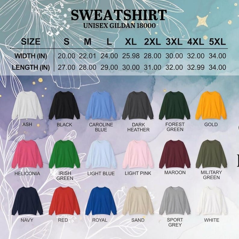 May include: A Gildan 18000 unisex sweatshirt in various colors, including ash, black, and gold. Sizes range from S to 5XL, with width measurements from 20.00 inches to 34.00 inches and lengths from 27.00 inches to 34.00 inches.