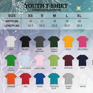 May include: A chart displaying Gildan 5000B youth t-shirt sizes and colors. The size chart shows XS to XL with width measurements from 16 to 20 inches and lengths from 20.5 to 26.5 inches. Colors include Ash, Black, Dark Heather, Forest Green, Gold, and more.