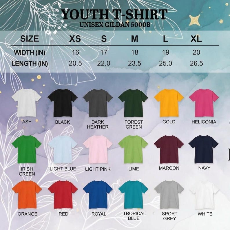 May include: A chart displaying Gildan 5000B youth t-shirt sizes and colors. The size chart shows XS to XL with width measurements from 16 to 20 inches and lengths from 20.5 to 26.5 inches. Colors include Ash, Black, Dark Heather, Forest Green, Gold, and more.