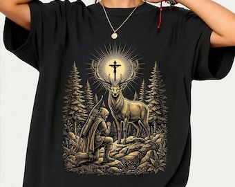 Camiseta con diseño de San Huberto y el ciervo, ideal para cazadores católicos. Regalo perfecto para amantes de los ciervos. Camiseta con estampado religioso de ciervos.