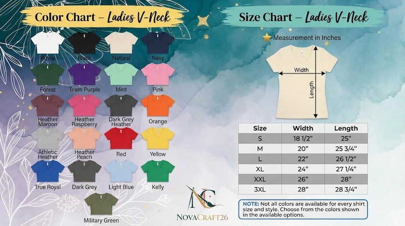 May include: Color and size chart for Ladies V-Neck shirts. The color chart displays various shirt colors, including white, black, and navy. The size chart shows measurements in inches, with sizes ranging from S to 3XL, and widths from 18 1/2" to 28" and lengths from 25" to 28 3/4".