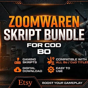Puede incluir: Un gráfico digital para un Zoomwaren Skript Bundle para COD BO, que muestra a un soldado con equipo táctico sosteniendo un rifle. El texto dice Zoomwaren Skript Bundle for COD BO, Gaming Skripts, Digital Download, Compatible with all BO/CoD titles y Boost your gameplay.