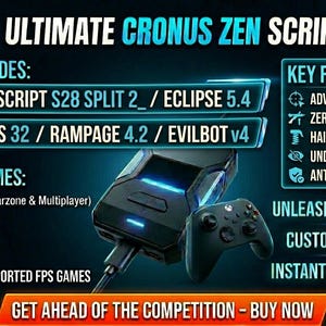 May include: Promotional image for a Cronus Zen script bundle. The image features a black gaming controller and a black device with blue accents. Text highlights key features like advanced aim assist and zero recoil control, and supported games.