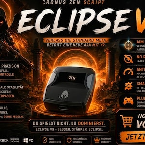 May include: A black Cronus Zen device with a digital display showing the text ZEN, centered on a dark background with orange glowing circular accents. The image features text including CRONUS ZEN SCRIPT ECLIPSE V9 and various gaming feature labels.