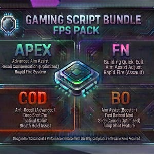 Puede incluir: Un gráfico digital titulado Gaming Script Bundle FPS Pack que presenta cuatro secciones para Apex, FN, COD y BO. Cada sección enumera mejoras de juego específicas como asistencia de puntería, compensación de retroceso y fuego rápido.