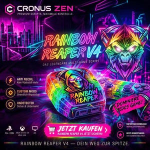 Peut inclure: Un appareil de jeu Cronus Zen avec un graphique Rainbow Reaper V4 représentant un crâne et une faux. L'unité est présentée avec une manette assortie, un éclairage néon violet et rose, et du texte incluant Anti Recoil et Custom Mods.