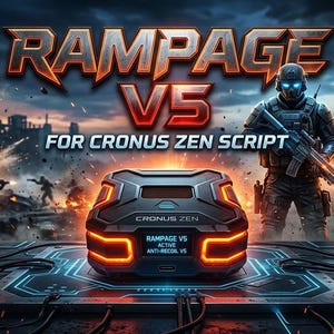 Op de afbeelding: Een zwart Cronus Zen-apparaat met gloeiende oranje accenten en een digitaal display met de tekst RAMPAGE V5, ACTIVE en ANTI-RECOIL V5. De achtergrond toont een digitale illustratie van een soldaat in tactische uitrusting op een slagveld.