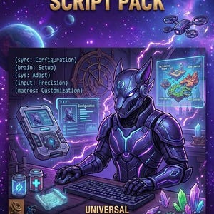 Op de afbeelding: Een digitale afbeelding met een futuristisch personage in donker pantser achter een computer. De tekst bevat UNIVERSAL ADAPTOR SCRIPT PACK, UNIVERSAL PERFORMANCE CONFIGURATION SETUP en UNIVERSAL GAMING OPTIMIZATION SCRIPT PACK | DIGITAL DOWNLOAD | PRECISION EDITION.