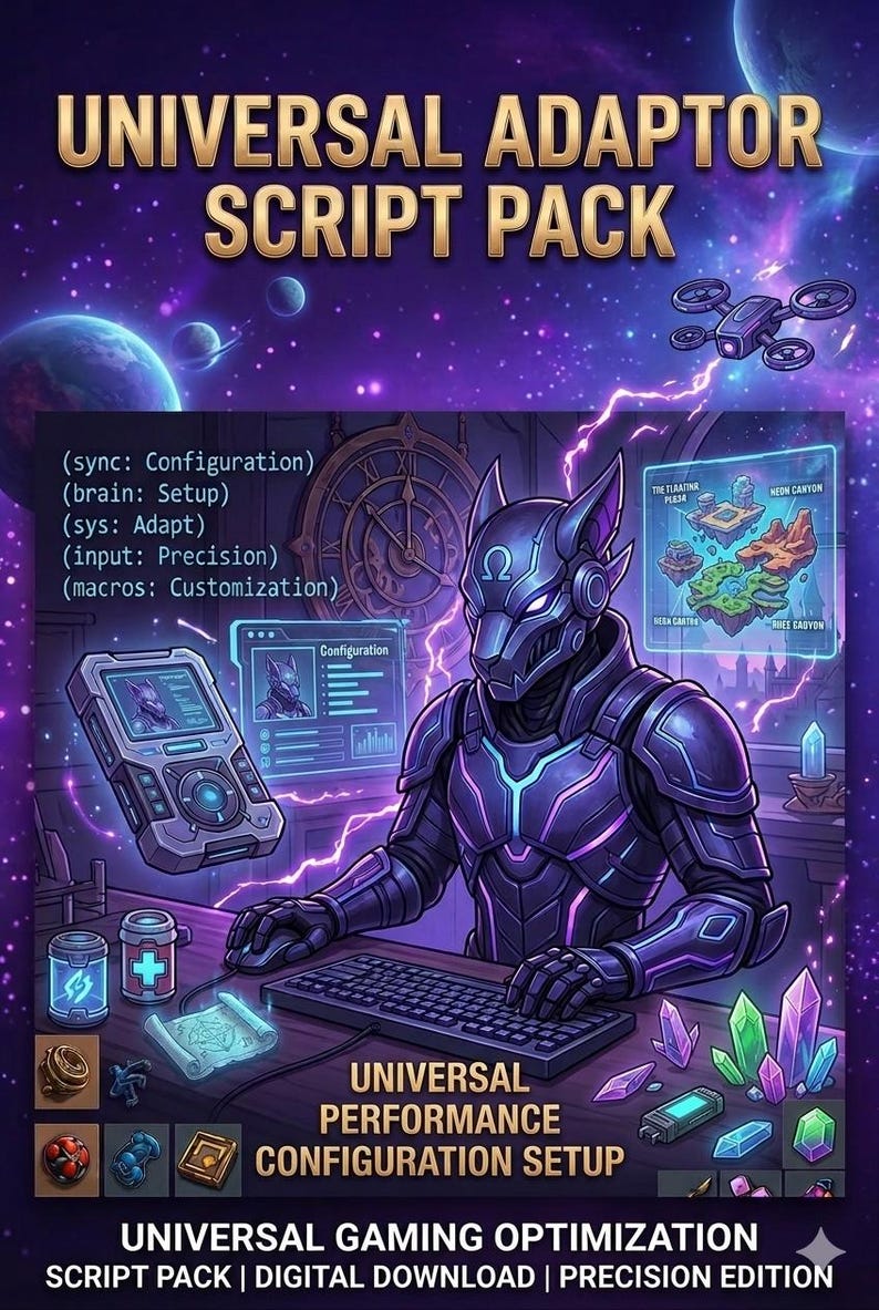 K&ouml;nnte beinhalten: Eine digitale Grafik mit einer futuristischen Figur in dunkler R&uuml;stung am Computer. Der Text umfasst UNIVERSAL ADAPTOR SCRIPT PACK, UNIVERSAL PERFORMANCE CONFIGURATION SETUP und UNIVERSAL GAMING OPTIMIZATION SCRIPT PACK | DIGITAL DOWNLOAD | PRECISION EDITION.