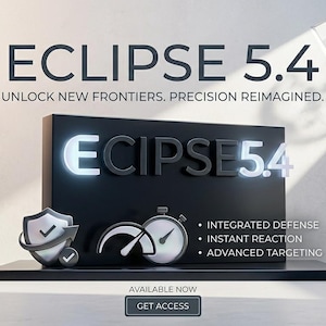 May include: A promotional image for Eclipse 5.4, featuring a black rectangular display with the text "ECLIPSE 5.4" in large, bold letters. The display is on a black platform, with a shield and stopwatch graphic. The text "UNLOCK NEW FRONTIERS. PRECISION REIMAGINED." is also present.