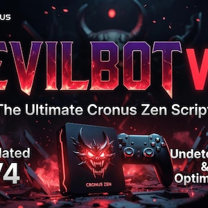 Op de afbeelding: Promotieafbeelding voor Cronus Zen's EVILBOT V4. De afbeelding toont een zwarte console met een rood demonenontwerp, een zwarte controller en de tekst "EVILBOT V4" in een vurige lettertype. De tekst "The Ultimate Cronus Zen Script" is ook zichtbaar.