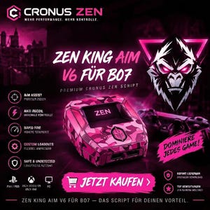 Könnte beinhalten: Ein pinkfarbener Cronus Zen Gaming-Controller-Adapter mit Camouflage-Muster und einem digitalen Display mit der Aufschrift ZEN. Das Gerät ist von Werbetexten wie ZEN KING AIM V6 FÜR B07, einer Gorilla-Grafik und Konsolen-Kompatibilitätssymbolen umgeben.