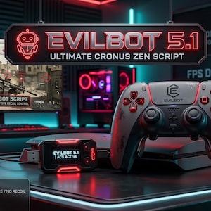 May include: A gray gaming controller with red accents and the Evilbot logo, positioned next to a small black device with a red-lit screen displaying Evilbot 5.1 ACS Active. A sign above reads Evilbot 5.1 Ultimate Cronus Zen Script in red neon.