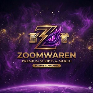 K&ouml;nnte beinhalten: Ein Logo mit einem stilisierten goldenen Buchstaben Z, einem violetten Auge und einem Blitz, flankiert von einer Schriftrolle und einem T-Shirt-Symbol. Darunter steht ZOOMWAREN PREMIUM SCRIPTS & MERCH und SCRIPTS & APPAREL vor einem violetten Hintergrund.