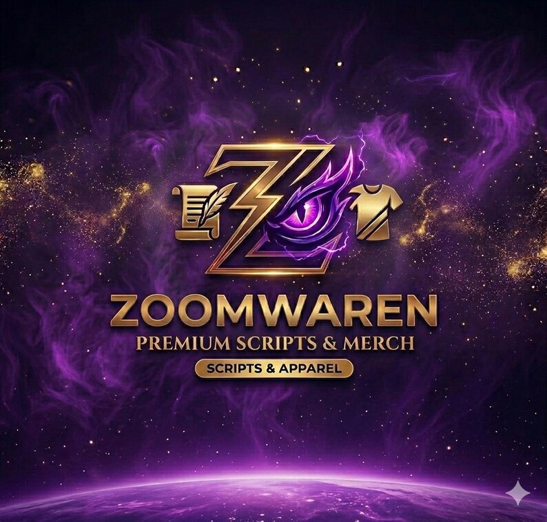 K&ouml;nnte beinhalten: Ein Logo mit einem stilisierten goldenen Buchstaben Z, einem violetten Auge und einem Blitz, flankiert von einer Schriftrolle und einem T-Shirt-Symbol. Darunter steht ZOOMWAREN PREMIUM SCRIPTS & MERCH und SCRIPTS & APPAREL vor einem violetten Hintergrund.