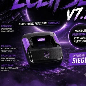 May include: A black and purple gaming controller adapter featuring the text ZEN on the front. The device is displayed against a dark background with purple lighting and promotional text including ECLIPSE V7.2, PRÄZISION, and MAXIMALE PERFORMANCE.