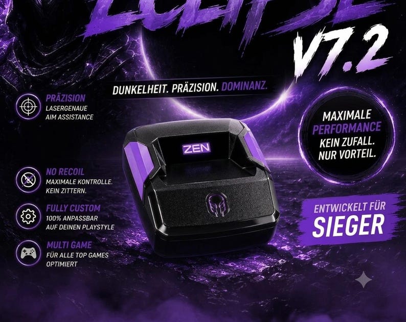 May include: A black and purple gaming controller adapter featuring the text ZEN on the front. The device is displayed against a dark background with purple lighting and promotional text including ECLIPSE V7.2, PR&Auml;ZISION, and MAXIMALE PERFORMANCE.