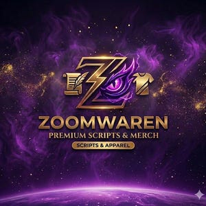 K&ouml;nnte beinhalten: Ein Logo mit einem stilisierten goldenen Buchstaben Z, einem violetten Auge, einer Schriftrolle mit Feder und einem T-Shirt-Symbol. Darunter steht der Text ZOOMWAREN PREMIUM SCRIPTS & MERCH und SCRIPTS & APPAREL vor einem violetten Hintergrund.