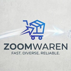 May include: The Zoomwaren logo features a blue shopping cart with a box and an arrow, set against a blurred cityscape and a stream of product icons. The text reads "ZOOMWAREN" with the tagline "FAST. DIVERSE. RELIABLE."