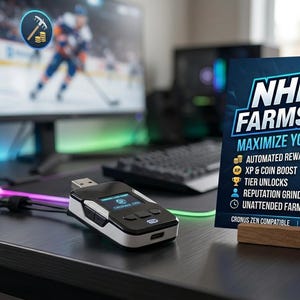 以下が含まれることがあります： 小さな画面とボタンが付いた白黒のUSBデバイス。NHL 26 FARMSCRIPT、MAXIMIZE YOUR REWARDS、AUTOMATED REWARDS、XP & COIN BOOST、TIER UNLOCKS、REPUTATION GRINDING、UNATTENDED FARMINGと書かれた正方形の看板の横に置かれています。