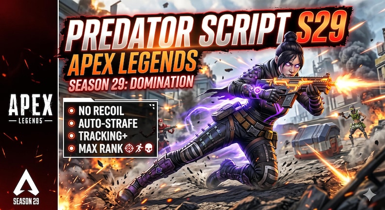 以下が含まれることがあります： Apex Legends シーズン29: Dominationのプロモーション画像。キャラクターが炎のエフェクトで武器を構えています。「Predator Script S29」、「Apex Legends」、および「No Recoil」や「Max Rank」などのゲーム機能が含まれています。