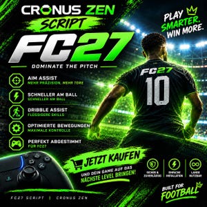 Może przedstawiać: Skrypt Cronus Zen do FC27 przedstawiający piłkarza w czarnej koszulce z numerem 10, czarny kontroler do gier oraz neonowo-zielone napisy, w tym Aim Assist, Dribble Assist i Play Smarter Win More na tle stadionu.