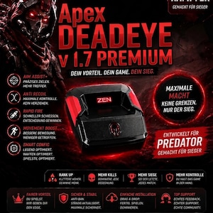 Può includere: Un adattatore per controller di gioco nero e rosso con il testo Cronus Zen Script Apex Deadeye v 1.7 Premium. Il dispositivo presenta un logo Zen centrale e accenti laterali rossi, su uno sfondo scuro con grafica e testo rosso brillante.