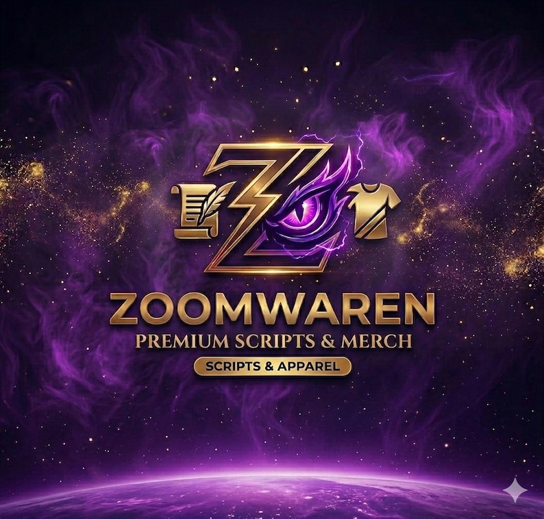 K&ouml;nnte beinhalten: Ein Logo mit einem stilisierten goldenen Buchstaben Z, einem violetten Auge und einem Blitz, flankiert von einer Schriftrolle und einem T-Shirt-Symbol. Darunter steht ZOOMWAREN PREMIUM SCRIPTS & MERCH und SCRIPTS & APPAREL vor einem violetten Hintergrund.