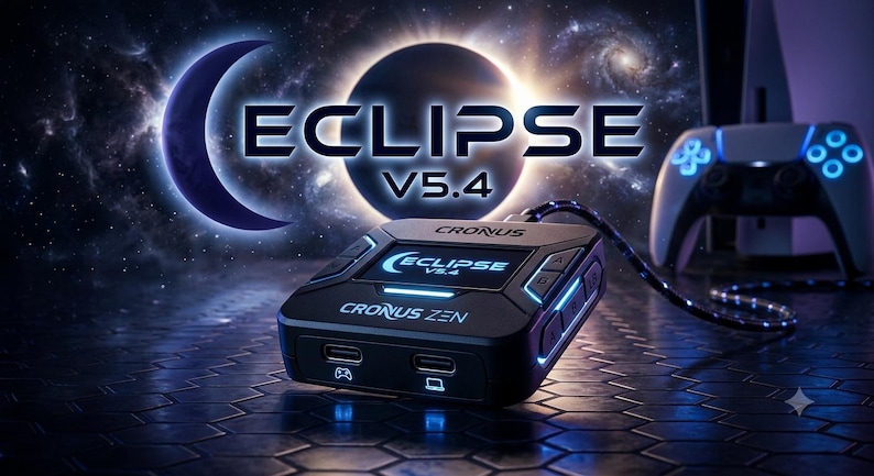 K&ouml;nnte beinhalten: Ein schwarzer Cronus Zen Gaming-Adapter mit einem digitalen Display, das den Text Eclipse V5.4 anzeigt. Das Ger&auml;t verf&uuml;gt &uuml;ber zwei USB-C-Anschl&uuml;sse an der Vorderseite mit Controller- und Computersymbolen, Seitentasten und blaue LED-Akzente.