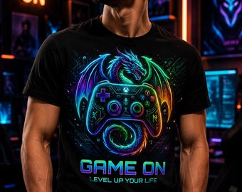 Neon Dragon Graphic Tee, Gaming Controller T-Shirt, Video Game Shirt, RGB Gamer Apparel, Level Up Gamer Gift, Unisex Streetwear Tee