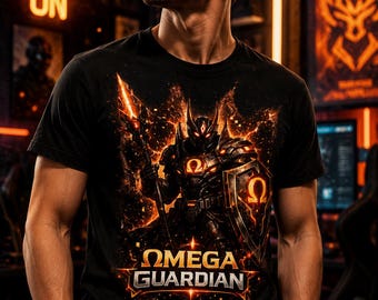 Omega Guardian Shirt, Fantasy Warrior Graphic Tee, Mythic Fire Character T-Shirt, Epic Gamer Apparel, Omega Symbol Shirt, Unisex Gift