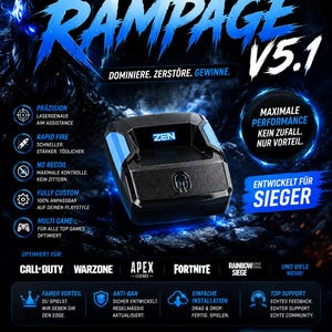 Puede incluir: Un dispositivo de juego Cronus Zen negro con detalles en azul y una pantalla central que muestra la palabra ZEN. El gráfico promocional presenta el texto RAMPAGE V5.1, enumera funciones como asistencia de puntería e incluye títulos de juegos.
