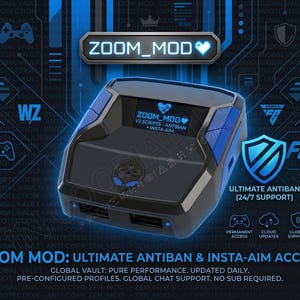 Op de afbeelding: Een zwart en blauw elektronisch apparaat met de tekst "ZOOM_MOD" en "ULTIMATE ANTIBAN & INSTA-AIM ACCESS". Het apparaat heeft een klein scherm en meerdere poorten, met een blauw en zwart ontwerp. De achtergrond is donkerblauw met tech-geïnspireerde graphics.